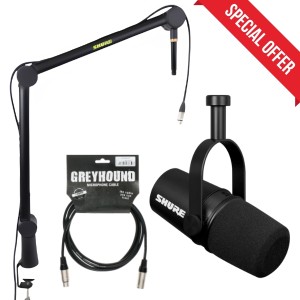 Shure MV7X Microphone Pack with Shure by Gator Desktop Microphone Boom Stand and Koltz Greyhound 3 Meter Cable.